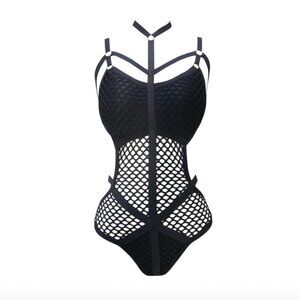 NWT Wow Couture One Piece Bathing Suit Womens Medium Black Bondage Cut Out Mesh